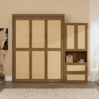 Solid Wood with Rattan Murphy Bed with Side Cabinet Storage Shelf
