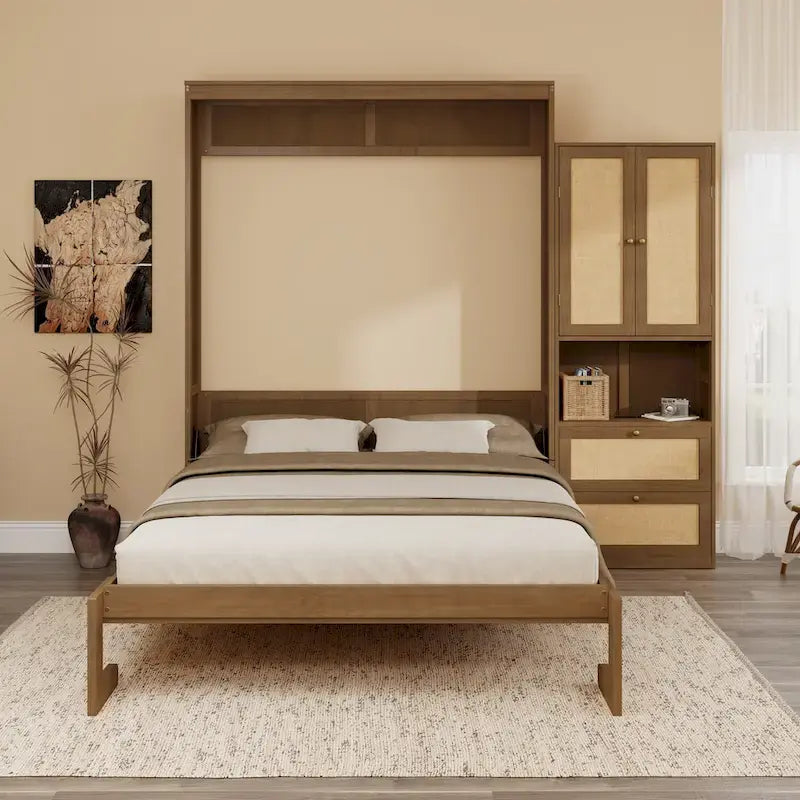 Solid Wood with Rattan Murphy Bed with Side Cabinet Storage Shelf