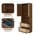 Solid Wood with Rattan Murphy Bed with Side Cabinet Storage Shelf