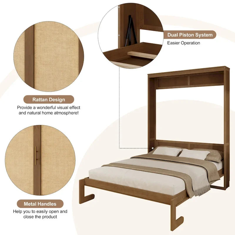 Solid Wood with Rattan Murphy Bed with Side Cabinet Storage Shelf