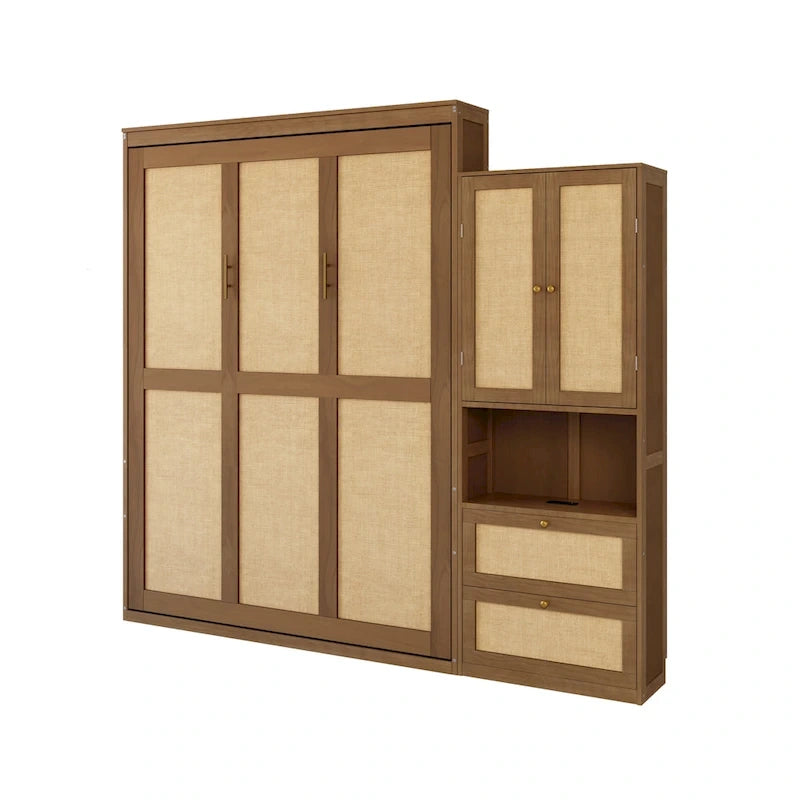 Solid Wood with Rattan Murphy Bed with Side Cabinet Storage Shelf
