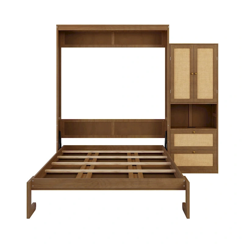 Solid Wood with Rattan Murphy Bed with Side Cabinet Storage Shelf