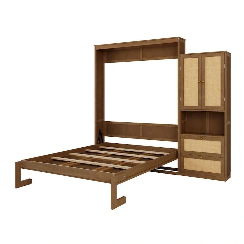 Solid Wood with Rattan Murphy Bed with Side Cabinet Storage Shelf