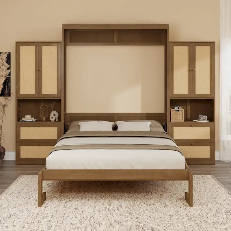 Solid Wood with Rattan Murphy Bed with Side Cabinet Storage Shelf