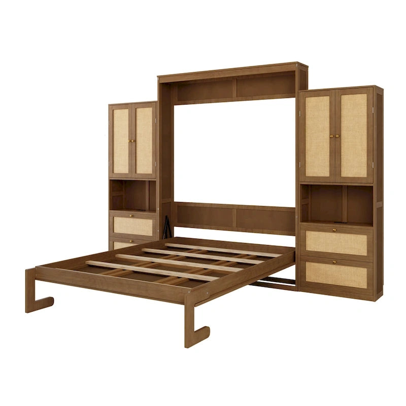 Solid Wood with Rattan Murphy Bed with Side Cabinet Storage Shelf