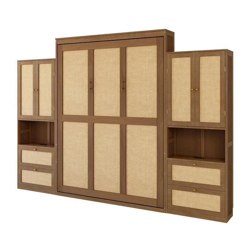 Solid Wood with Rattan Murphy Bed with Side Cabinet Storage Shelf