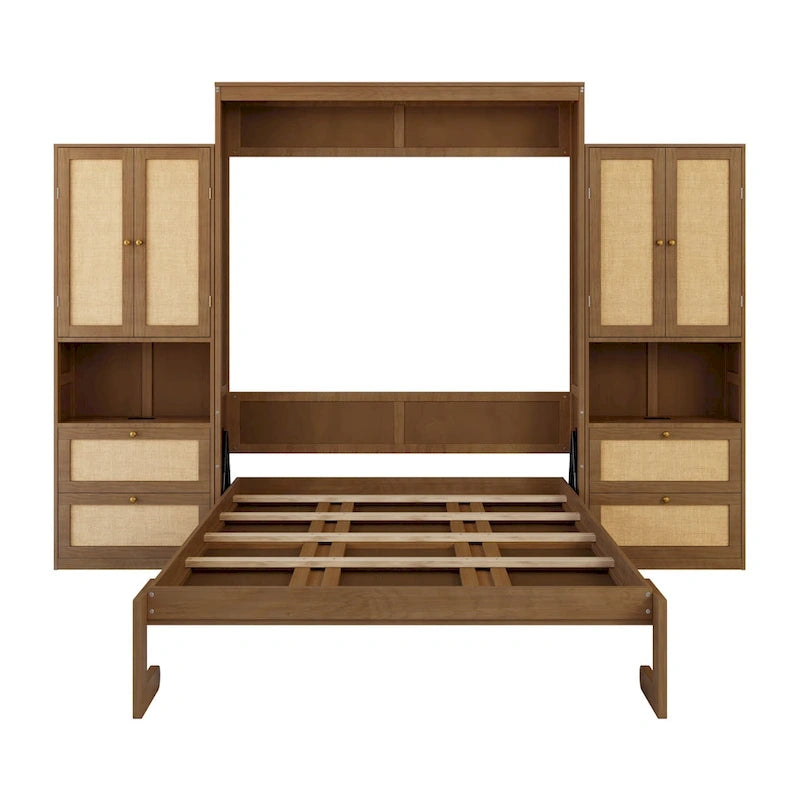 Solid Wood with Rattan Murphy Bed with Side Cabinet Storage Shelf