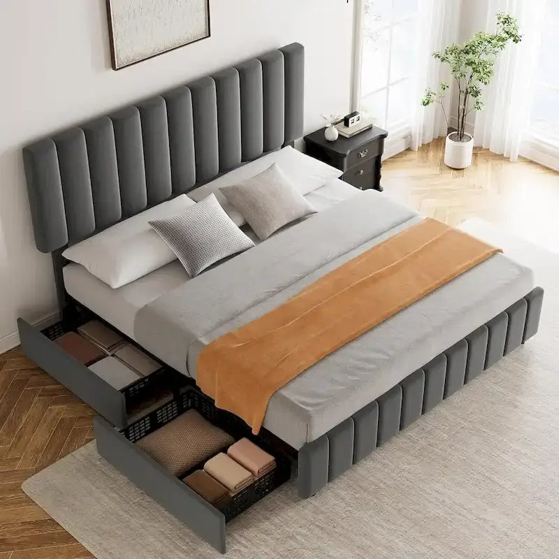 Bed Frame with 4 Storage Drawers and Adjustable Headboard, No Box Spring Needed