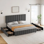Bed Frame with 4 Storage Drawers and Adjustable Headboard, No Box Spring Needed