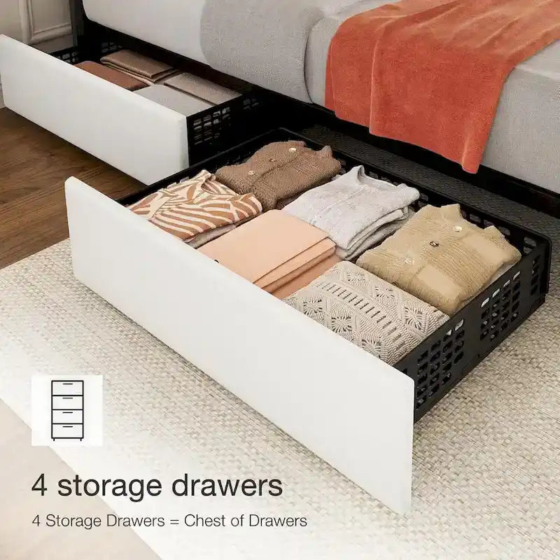 Bed Frame with 4 Storage Drawers and Adjustable Headboard, No Box Spring Needed