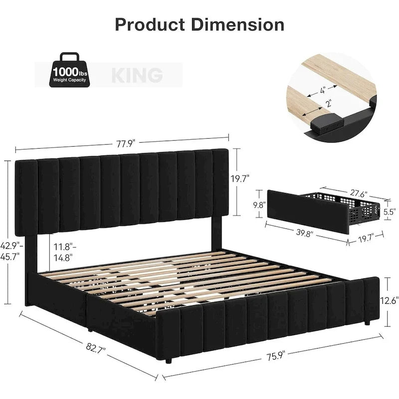 Bed Frame with 4 Storage Drawers and Adjustable Headboard, No Box Spring Needed