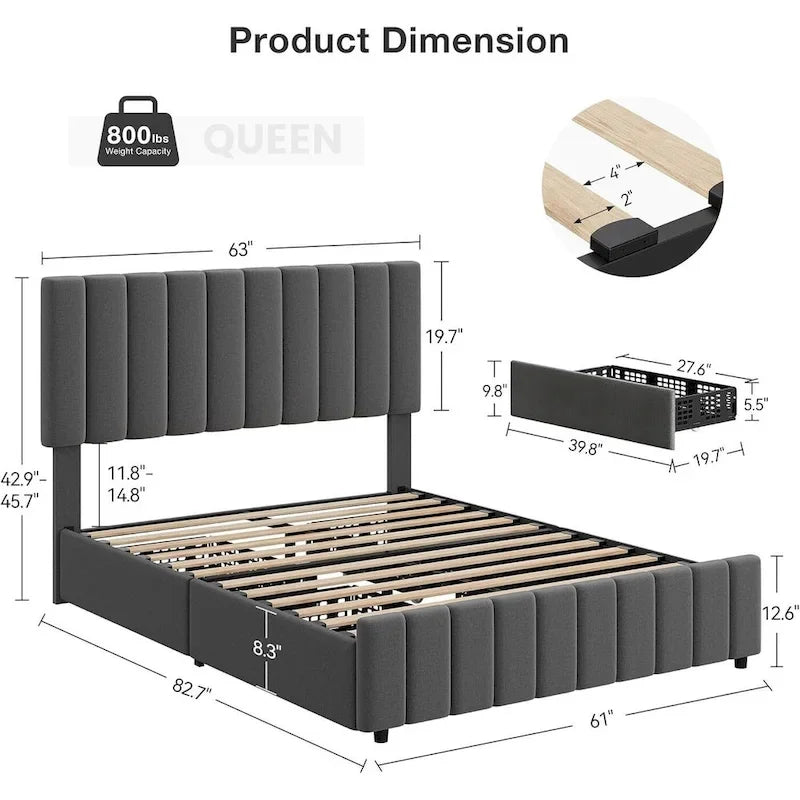Bed Frame with 4 Storage Drawers and Adjustable Headboard, No Box Spring Needed