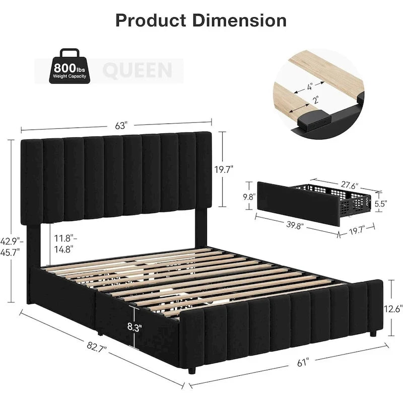 Bed Frame with 4 Storage Drawers and Adjustable Headboard, No Box Spring Needed