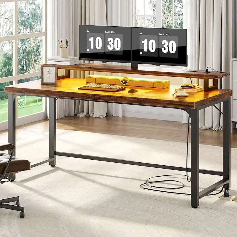 55 Inch Computer Desk with Socket and LED Light,Home Office Desk with 1.5 inch Thickened desktop,Writing Study Gaming Table