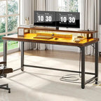 55 Inch Computer Desk with Socket and LED Light,Home Office Desk with 1.5 inch Thickened desktop,Writing Study Gaming Table