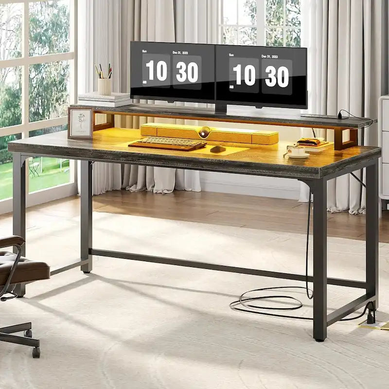 55 Inch Computer Desk with Socket and LED Light,Home Office Desk with 1.5 inch Thickened desktop,Writing Study Gaming Table