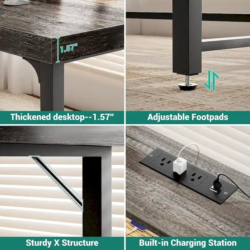 55 Inch Computer Desk with Socket and LED Light,Home Office Desk with 1.5 inch Thickened desktop,Writing Study Gaming Table