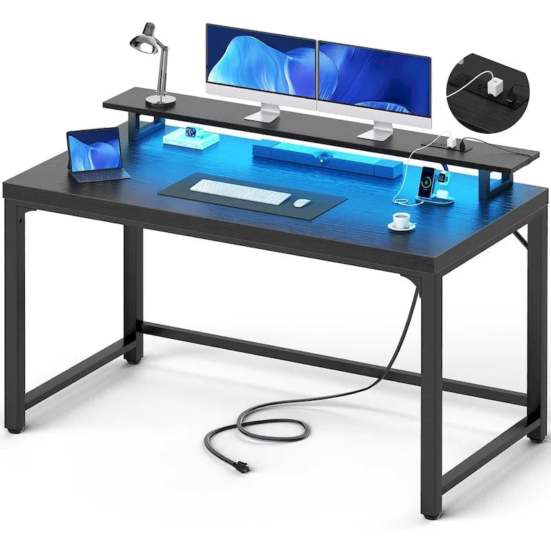55 Inch Computer Desk with Socket and LED Light,Home Office Desk with 1.5 inch Thickened desktop,Writing Study Gaming Table