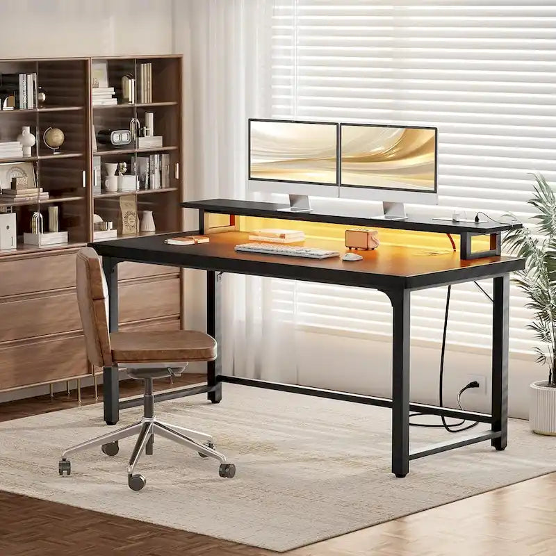 55 Inch Computer Desk with Socket and LED Light,Home Office Desk with 1.5 inch Thickened desktop,Writing Study Gaming Table