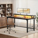 55 Inch Computer Desk with Socket and LED Light,Home Office Desk with 1.5 inch Thickened desktop,Writing Study Gaming Table