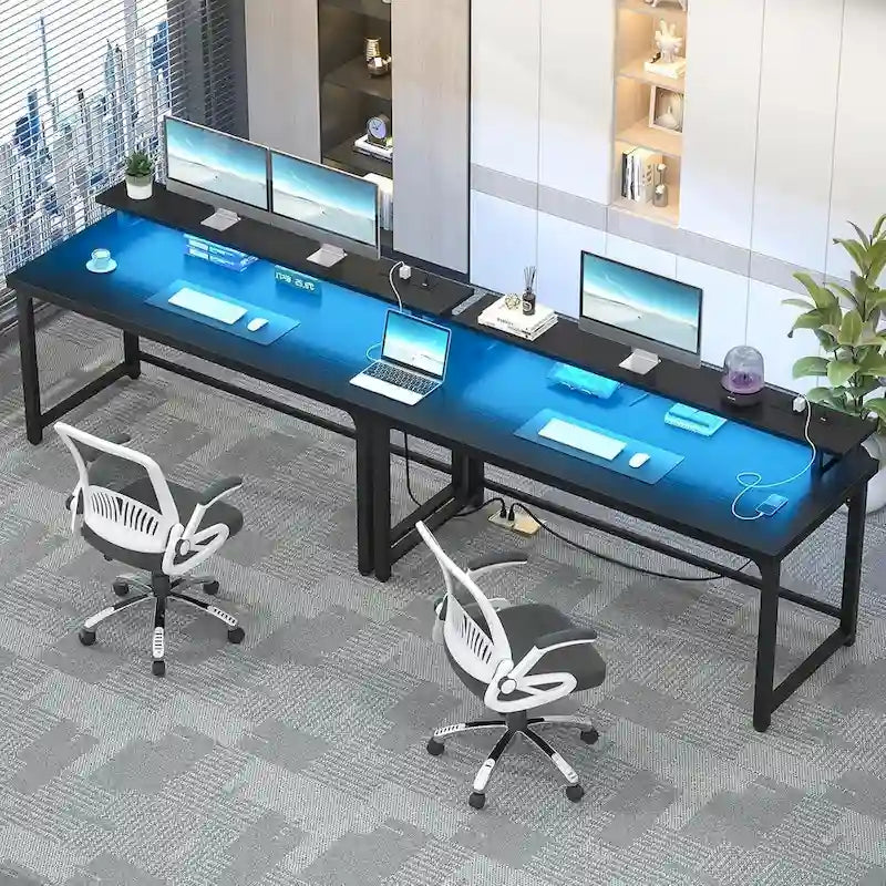 55 Inch Computer Desk with Socket and LED Light,Home Office Desk with 1.5 inch Thickened desktop,Writing Study Gaming Table