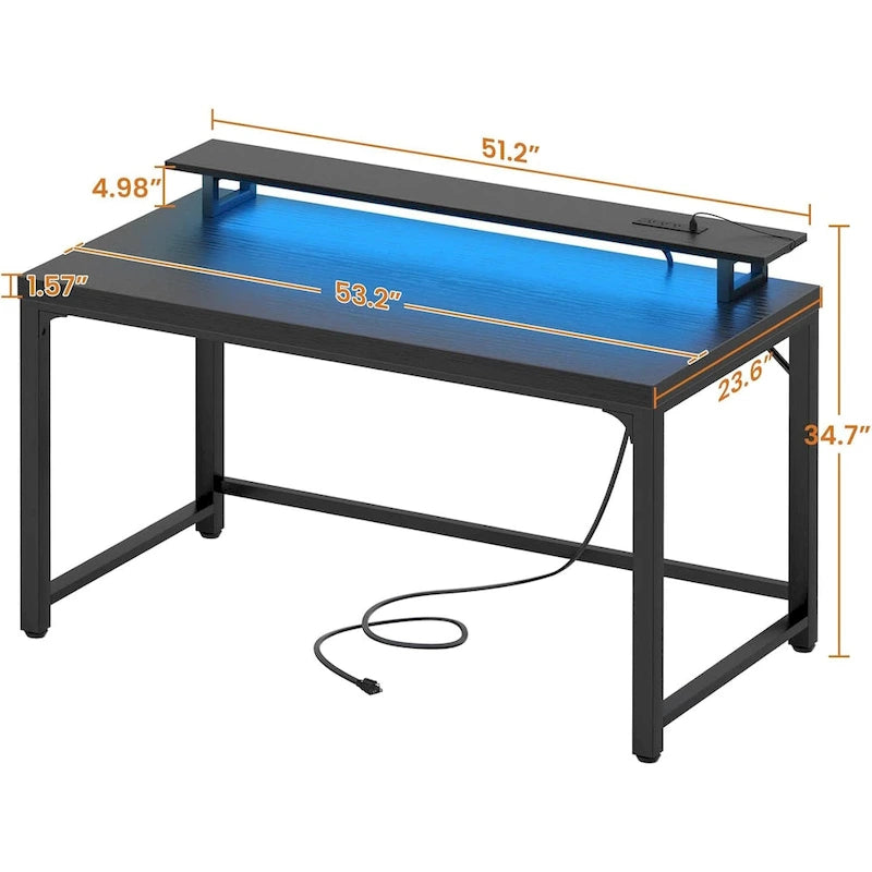 55 Inch Computer Desk with Socket and LED Light,Home Office Desk with 1.5 inch Thickened desktop,Writing Study Gaming Table