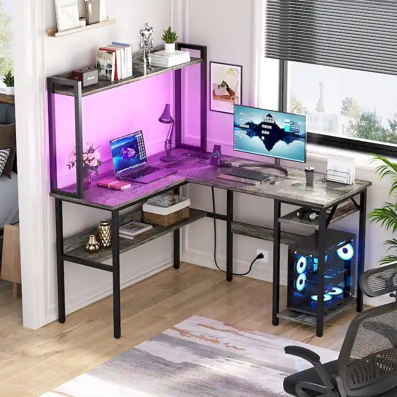 L Shaped Computer Desk with Hutch and Storage Shelves, Corner Gaming Table with LED Lights