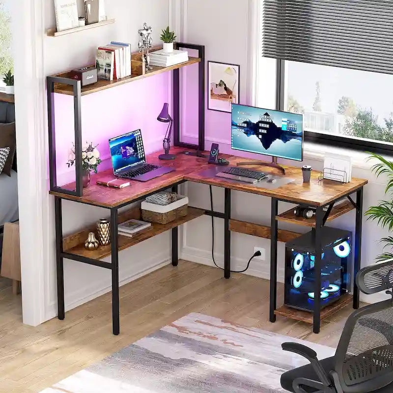 L Shaped Computer Desk with Hutch and Storage Shelves, Corner Gaming Table with LED Lights