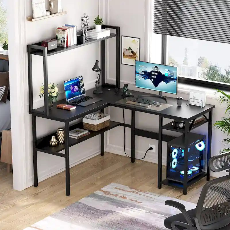 L Shaped Computer Desk with Hutch and Storage Shelves, Corner Gaming Table with LED Lights