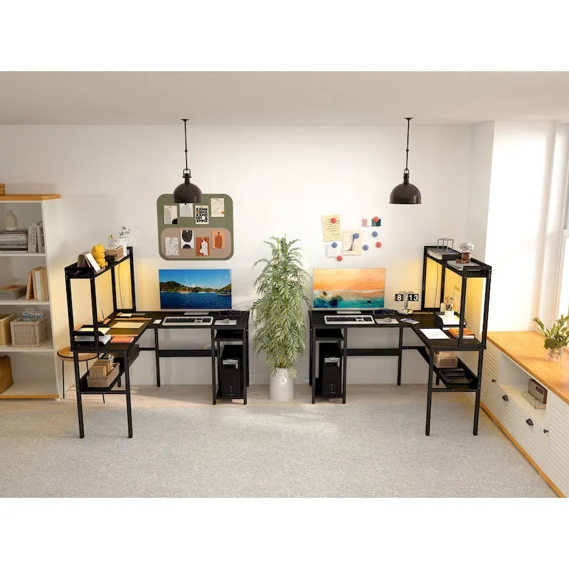 L Shaped Computer Desk with Hutch and Storage Shelves, Corner Gaming Table with LED Lights