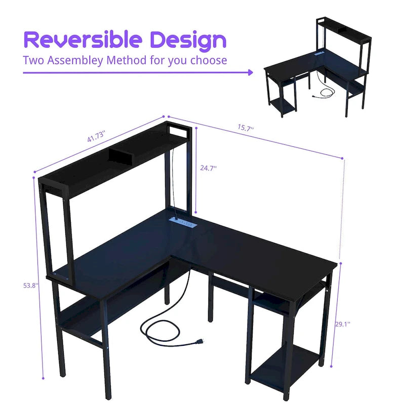 L Shaped Computer Desk with Hutch and Storage Shelves, Corner Gaming Table with LED Lights