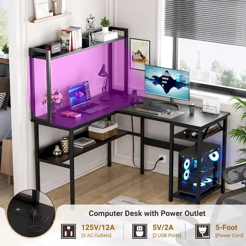 L Shaped Computer Desk with Hutch and Storage Shelves, Corner Gaming Table with LED Lights