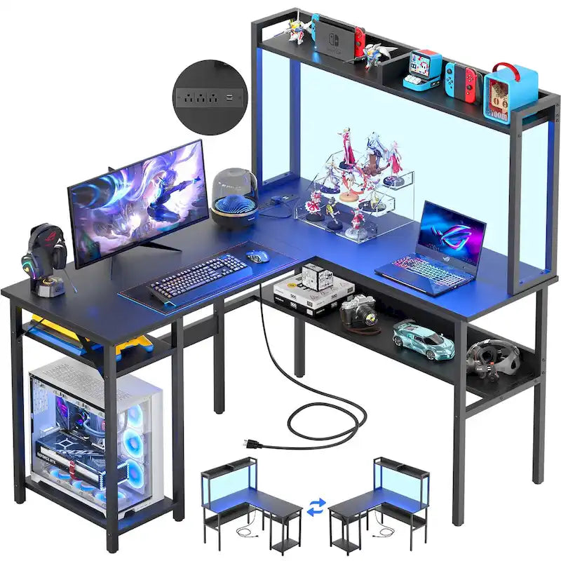 L Shaped Computer Desk with Hutch and Storage Shelves, Corner Gaming Table with LED Lights