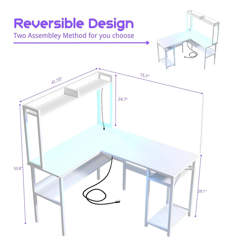 L Shaped Computer Desk with Hutch and Storage Shelves, Corner Gaming Table with LED Lights