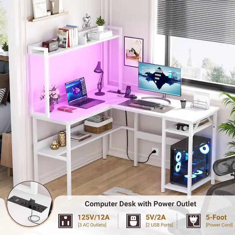 L Shaped Computer Desk with Hutch and Storage Shelves, Corner Gaming Table with LED Lights