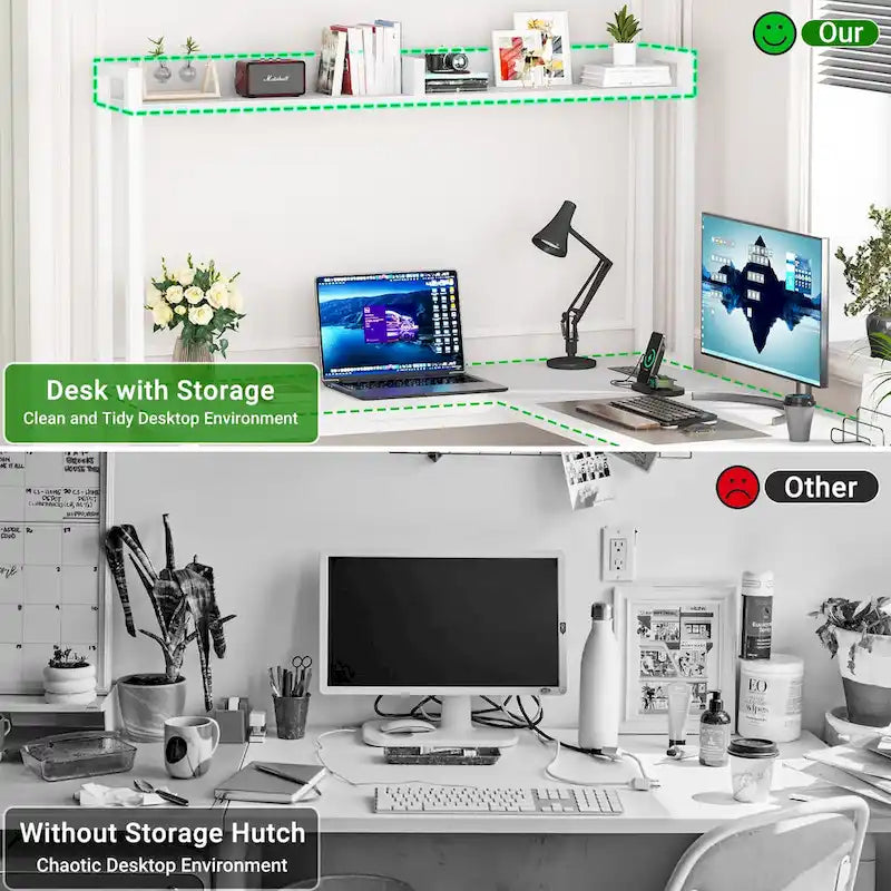 L Shaped Computer Desk with Hutch and Storage Shelves, Corner Gaming Table with LED Lights