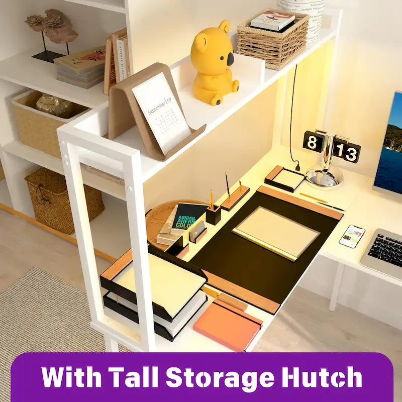 L Shaped Computer Desk with Hutch and Storage Shelves, Corner Gaming Table with LED Lights