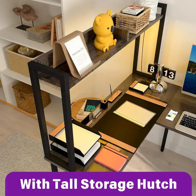 L Shaped Computer Desk with Hutch and Storage Shelves, Corner Gaming Table with LED Lights