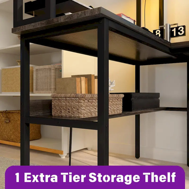 L Shaped Computer Desk with Hutch and Storage Shelves, Corner Gaming Table with LED Lights