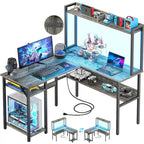 L Shaped Computer Desk with Hutch and Storage Shelves, Corner Gaming Table with LED Lights