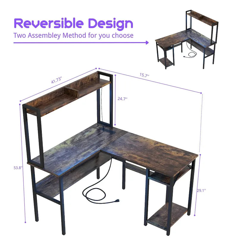 L Shaped Computer Desk with Hutch and Storage Shelves, Corner Gaming Table with LED Lights