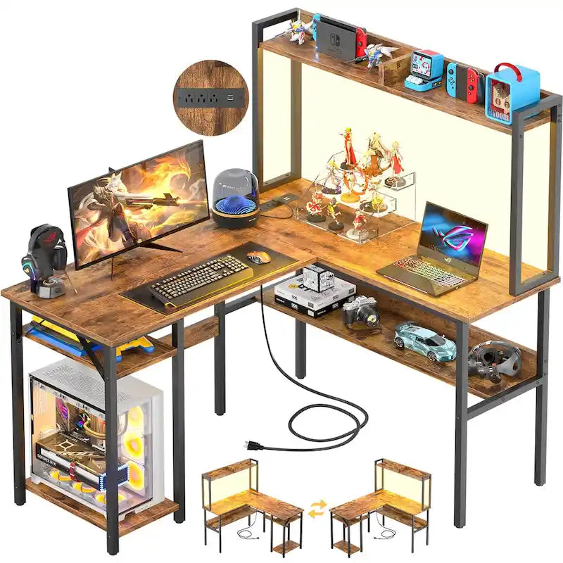 L Shaped Computer Desk with Hutch and Storage Shelves, Corner Gaming Table with LED Lights