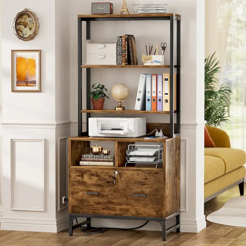 File Cabinet with Charging Station, Vertical Filing Cabinet with Lock & Large Drawer
