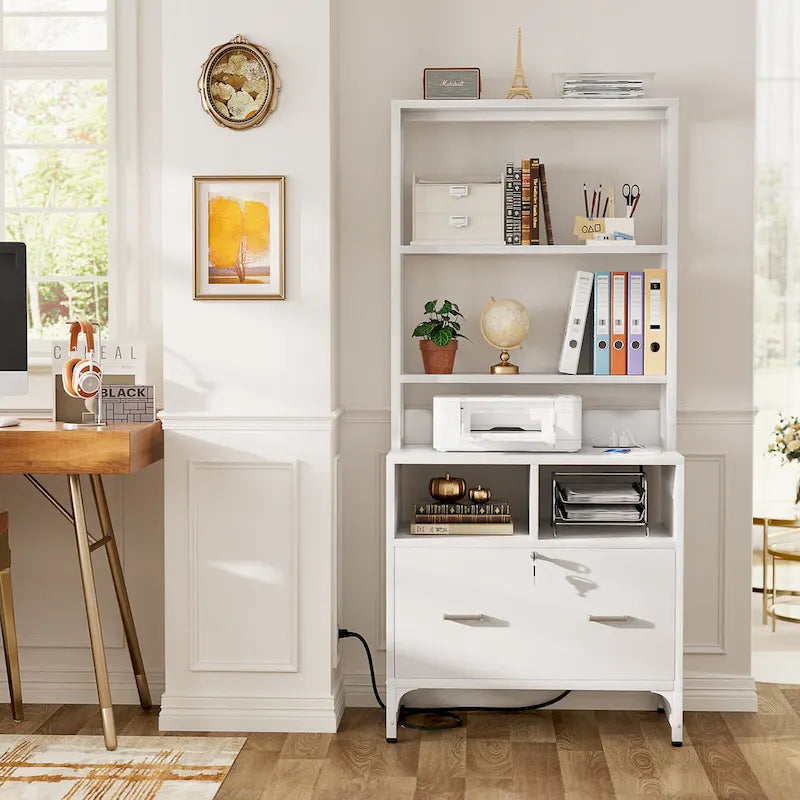 File Cabinet with Charging Station, Vertical Filing Cabinet with Lock & Large Drawer