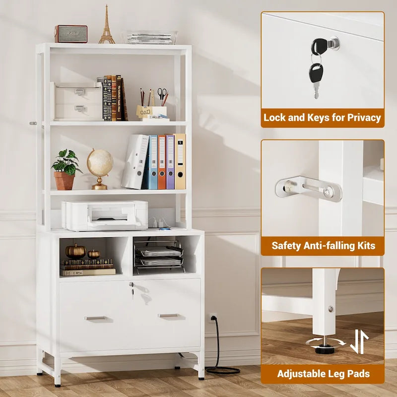 File Cabinet with Charging Station, Vertical Filing Cabinet with Lock & Large Drawer