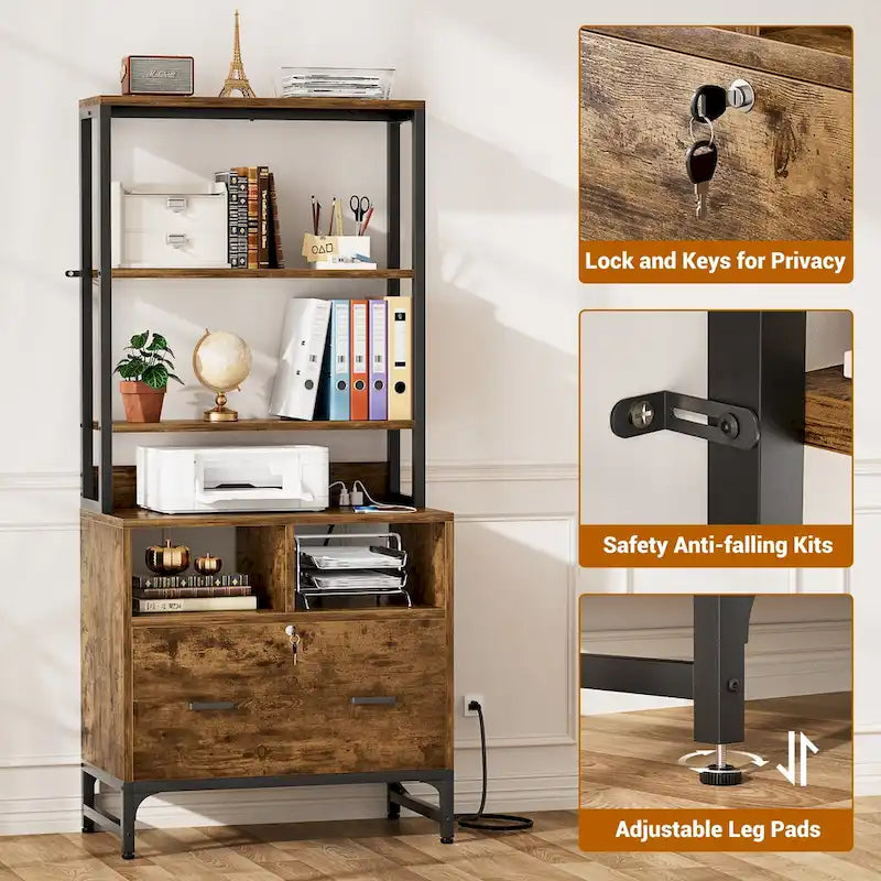 File Cabinet with Charging Station, Vertical Filing Cabinet with Lock & Large Drawer