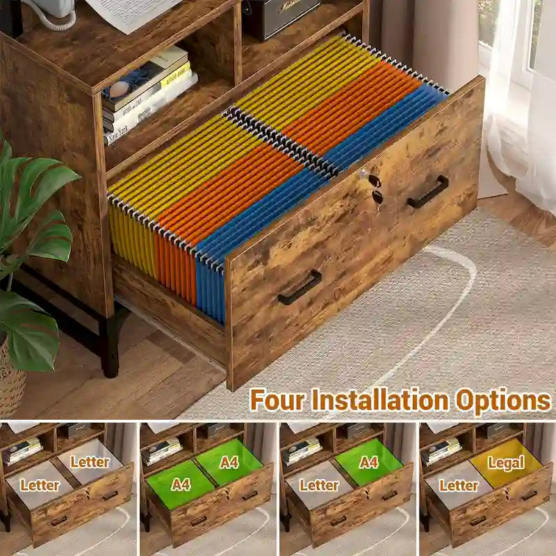 File Cabinet with Charging Station, Vertical Filing Cabinet with Lock & Large Drawer