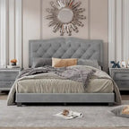 Queen Size Upholstered Bed Frame with Rivet Design, Modern Velvet Platform Bed with Tufted Headboard, Gray
