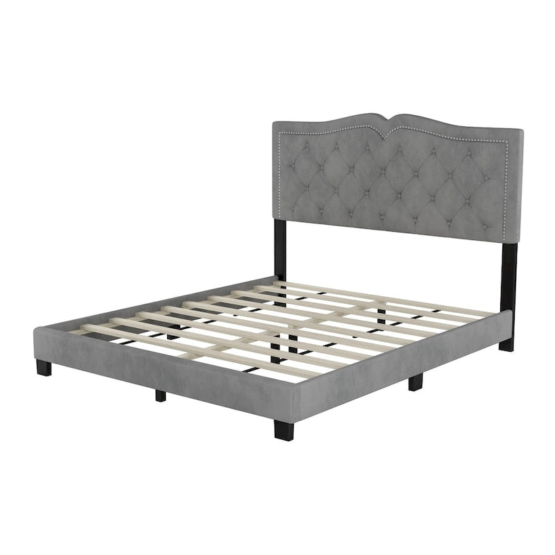Queen Size Upholstered Bed Frame with Rivet Design, Modern Velvet Platform Bed with Tufted Headboard, Gray