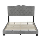 Queen Size Upholstered Bed Frame with Rivet Design, Modern Velvet Platform Bed with Tufted Headboard, Gray